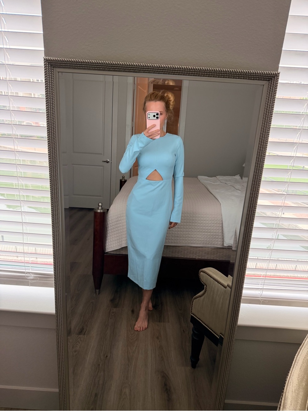 Sky Blue Long Sleeve Cutout Midi Dress